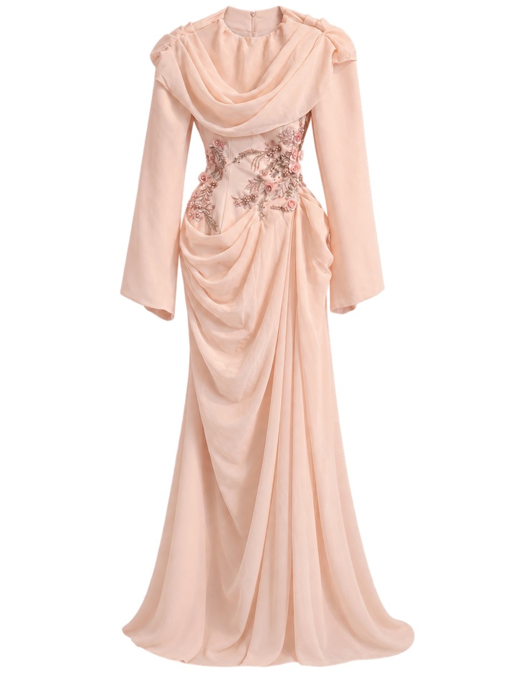 BRAND NEW Custom Blush Pink Chiffon Draped Gown with Pink Beaded Embroidery